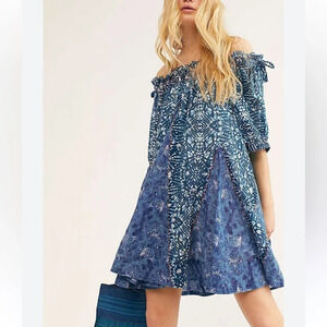 Free People indigo blue print babydoll off the shoulder dress 22279